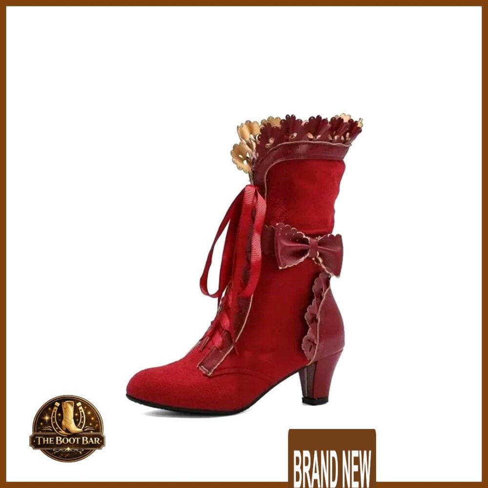 Victorian Boots Chunky Heels Lace Up Bow Knot Cosplay Vintage Gothic Mid-Calf